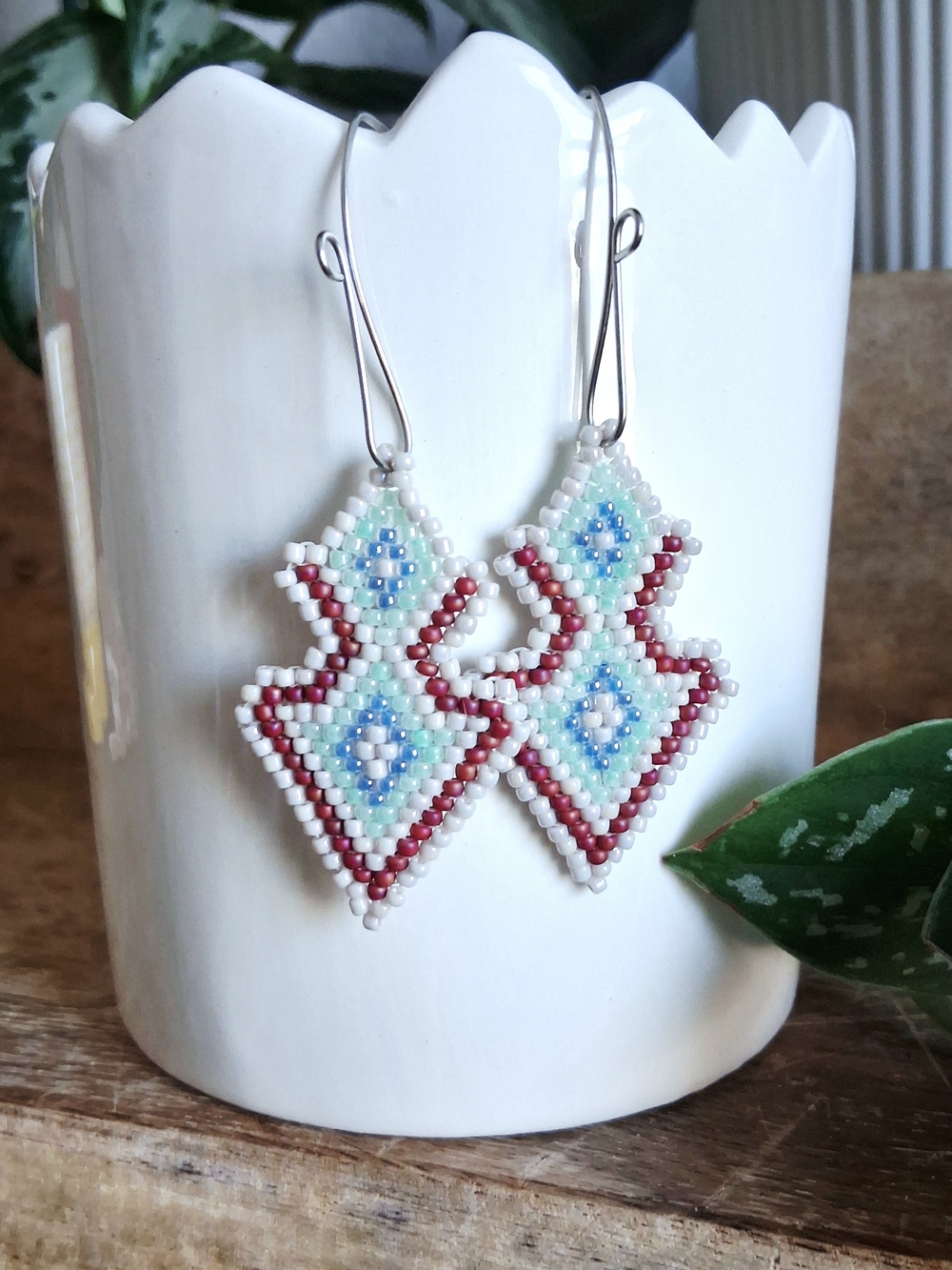Hand Crafted Seed Bead Diamond Drop Earrings - White, Light Blue & Maroon